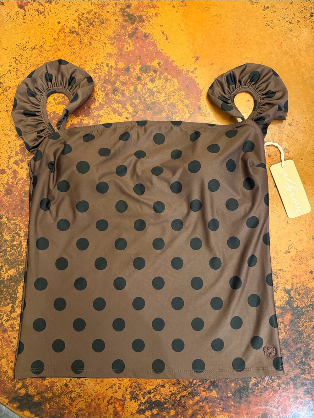 Albion Women’s L Brown Polka Dot Ruffle Strap Tankini Top ONLY